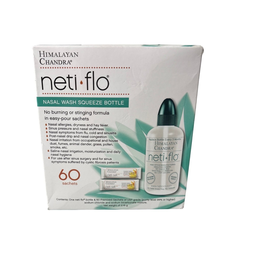 New Himalayan Chandra Neti Flo Nasal Wash Squeeze Bottle 60 Sachets Sinus Relief